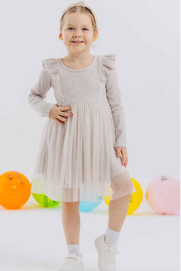 BRE Breeze Girl Child Long Sleeve Dress with Frilled Shoulders, 3-8 Years, Beige Melange - Clarkstown