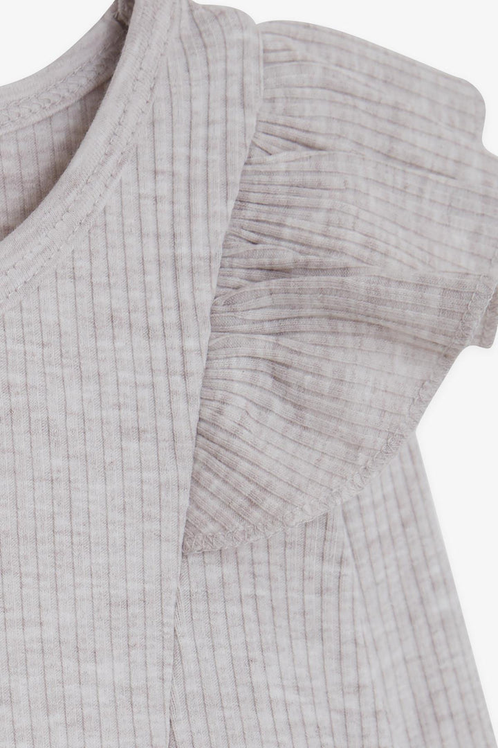 BRE Breeze Girl Child Long Sleeve Dress with Frilled Shoulders, 3-8 Years, Beige Melange - Clarkstown