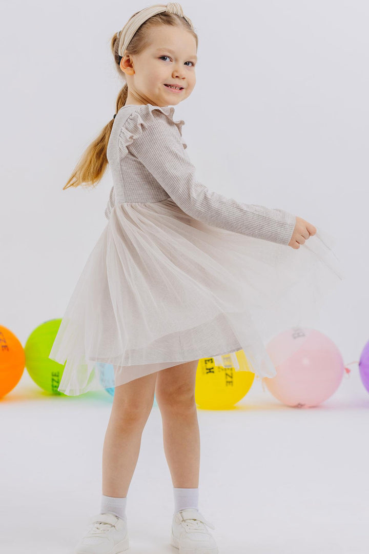 BRE Breeze Girl Child Long Sleeve Dress with Frilled Shoulders, 3-8 Years, Beige Melange - Clarkstown