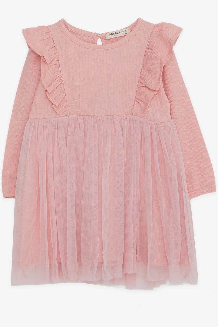 BRE Breeze Girl Child Long Sleeve Dress with Frilly Shoulders, 3-8 Years, Powder - Merksem