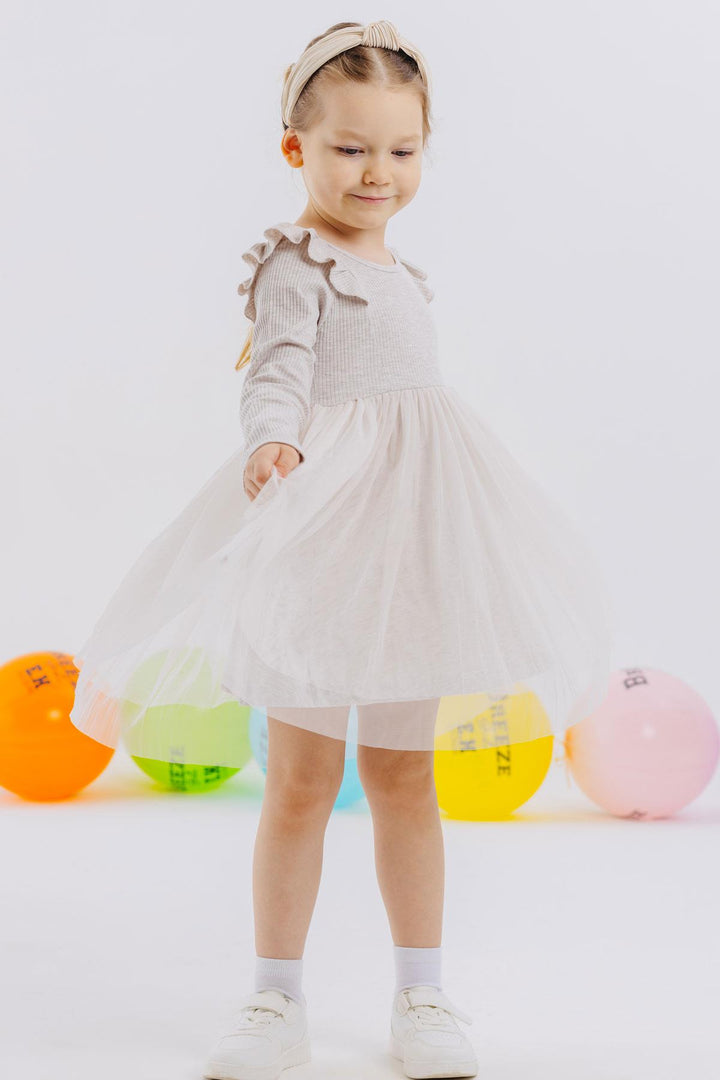 BRE Breeze Girl Child Long Sleeve Dress with Frilled Shoulders, 3-8 Years, Beige Melange - Clarkstown