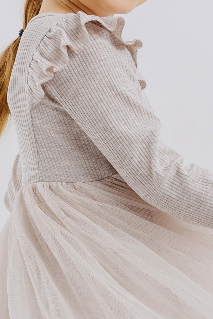 BRE Breeze Girl Child Long Sleeve Dress with Frilled Shoulders, 3-8 Years, Beige Melange - Clarkstown