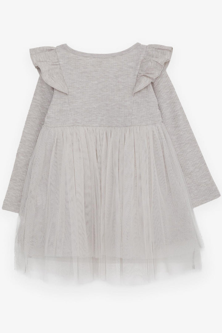 BRE Breeze Girl Child Long Sleeve Dress with Frilled Shoulders, 3-8 Years, Beige Melange - Clarkstown