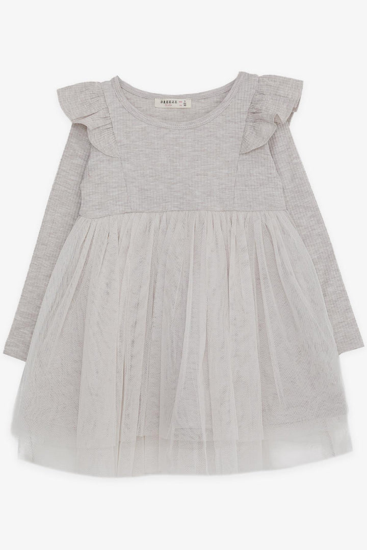 BRE Breeze Girl Child Long Sleeve Dress with Frilled Shoulders, 3-8 Years, Beige Melange - Clarkstown