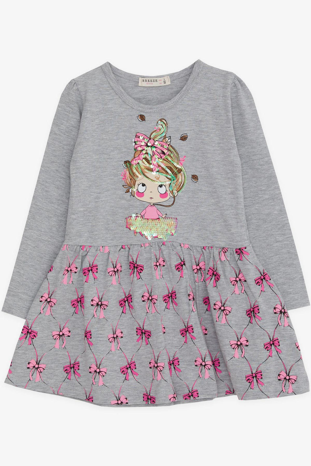 BRE Breeze Girl Child Long Sleeve Dress Sequined Girl Printed 3-7 Years, Grey Melange - Pinotepa