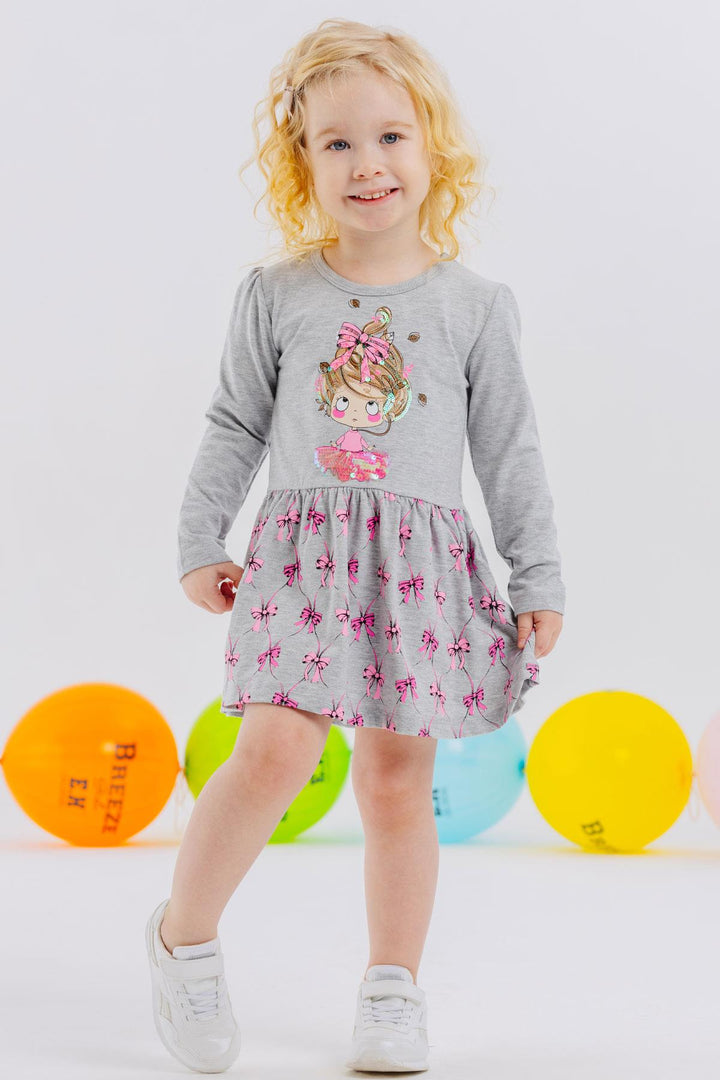 BRE Breeze Girl Child Long Sleeve Dress Sequined Girl Printed 3-7 Years, Grey Melange - Pinotepa