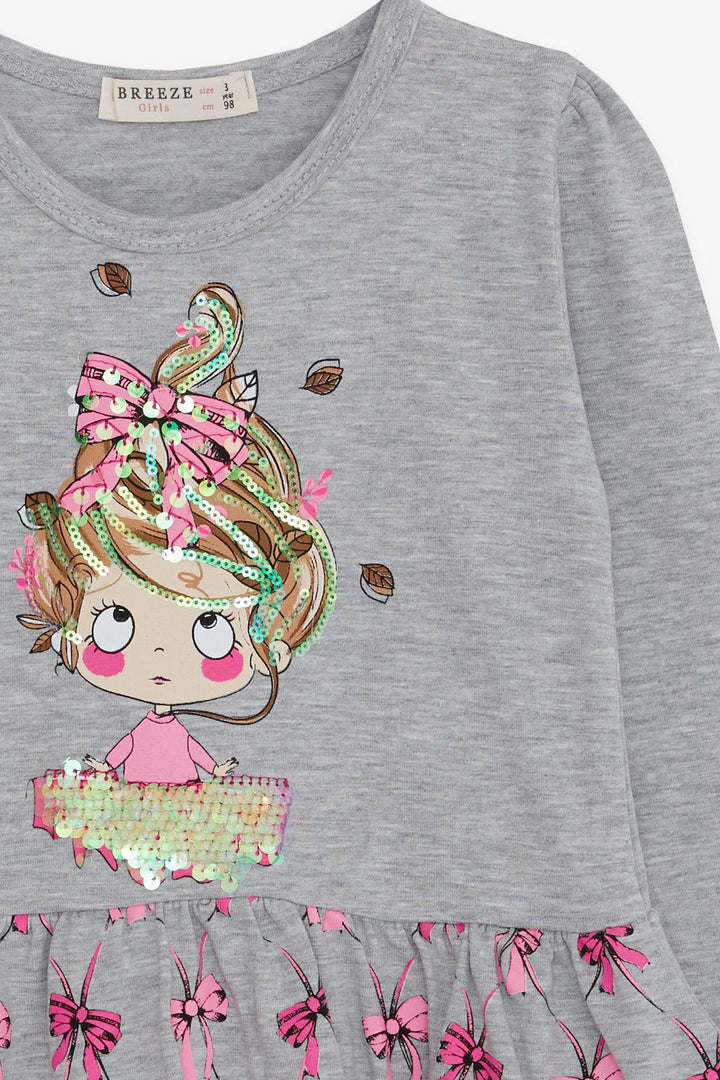 BRE Breeze Girl Child Long Sleeve Dress Sequined Girl Printed 3-7 Years, Grey Melange - Pinotepa