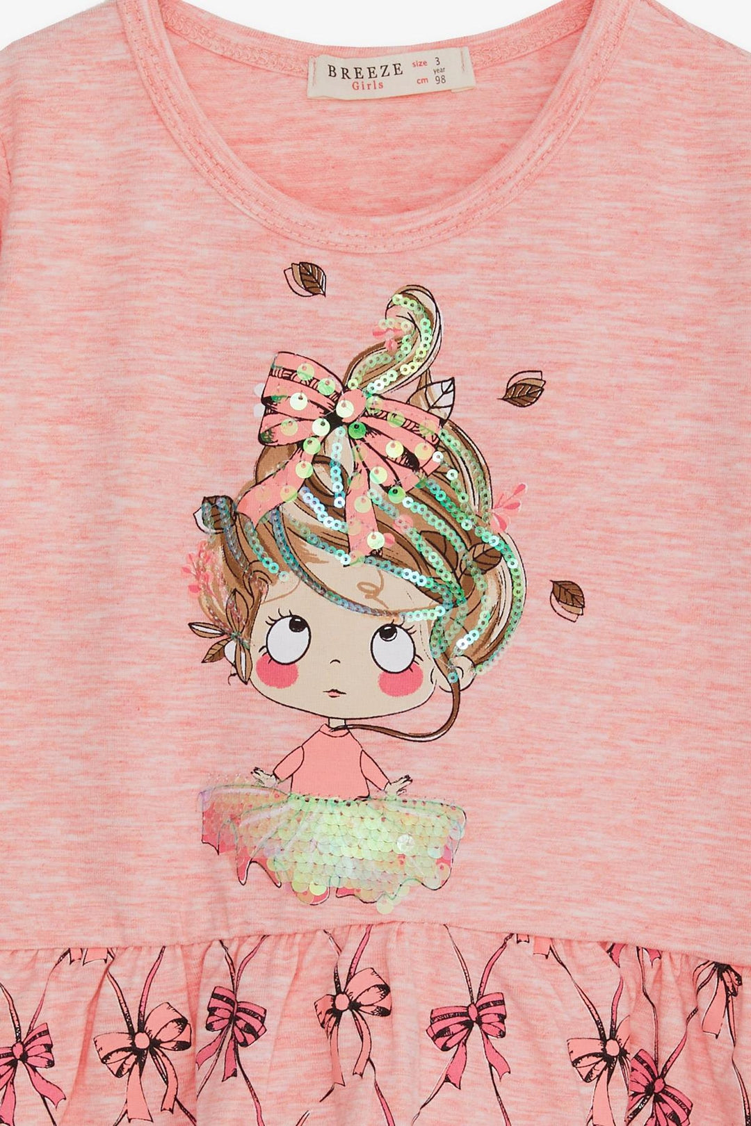 BRE Breeze Girl Child Long Sleeve Dress Sequined Girl Printed 3-7 Years, Salmon Melange - Wallsend