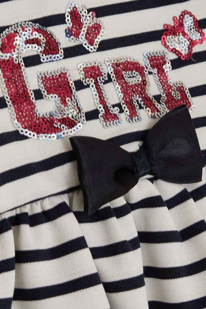 BRE Breeze Girl Child Long Sleeve Dress Sequined Summer Printed with Bow 3-8 Years, Ecru - Caerdydd