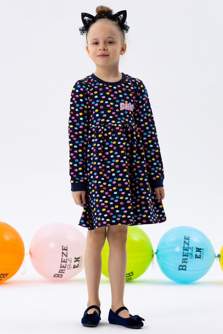 BRE Breeze Girl Child Long Sleeve Dress Colorful Polka Dot Patterned 1.5-5 Years, Navy Blue - Zacatecas