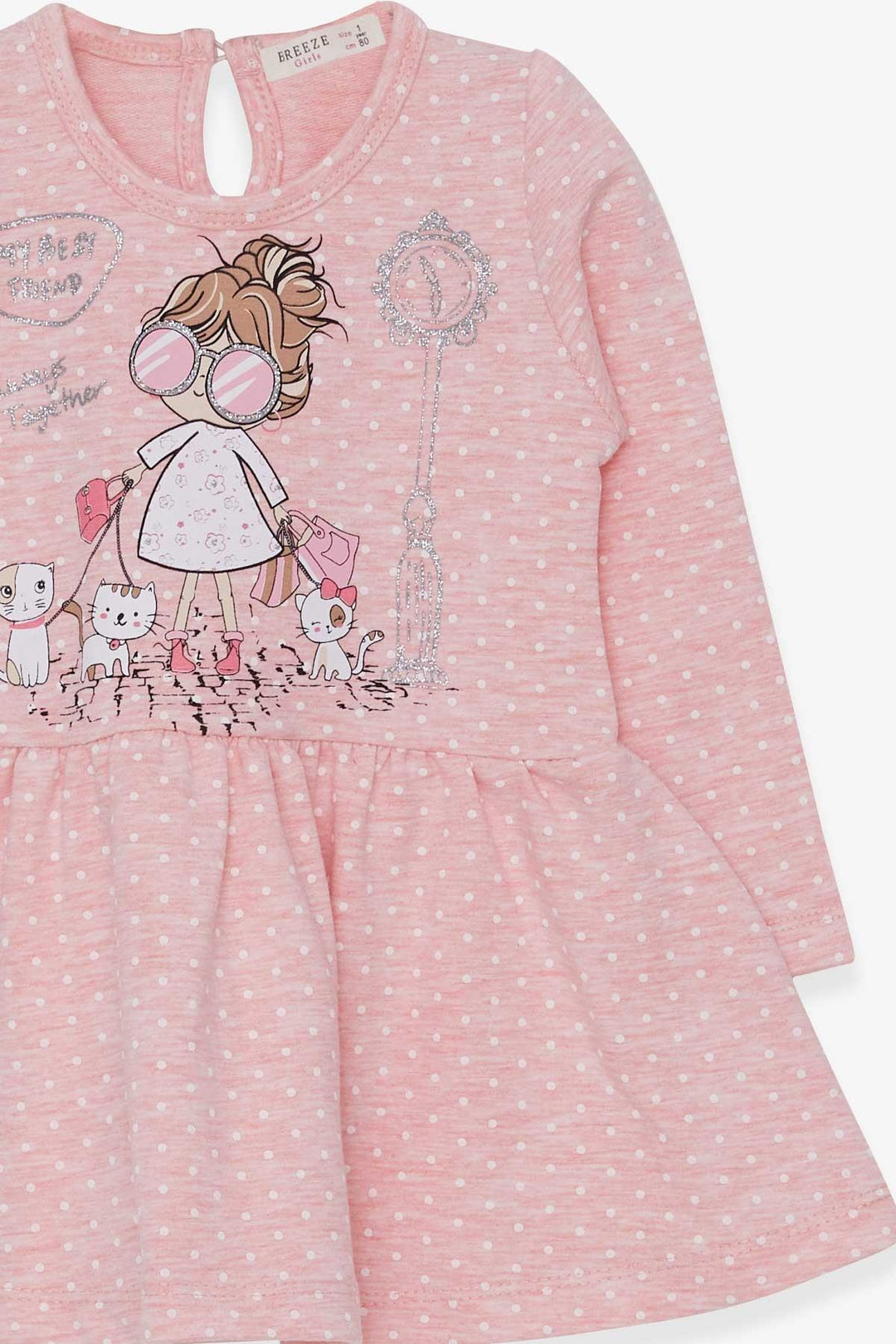 BRE Breeze Girl Child Long Sleeve Dress with Glitter Glasses Printed Girl 1-4 Years, Salmon Melange - Columbus