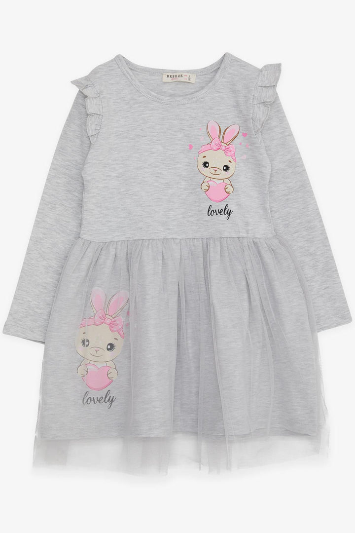 BRE Breeze Girl Child Long Sleeve Dress with Bunny Print 1.5-5 Years, Light Grey Melange - Purísima de Bustos