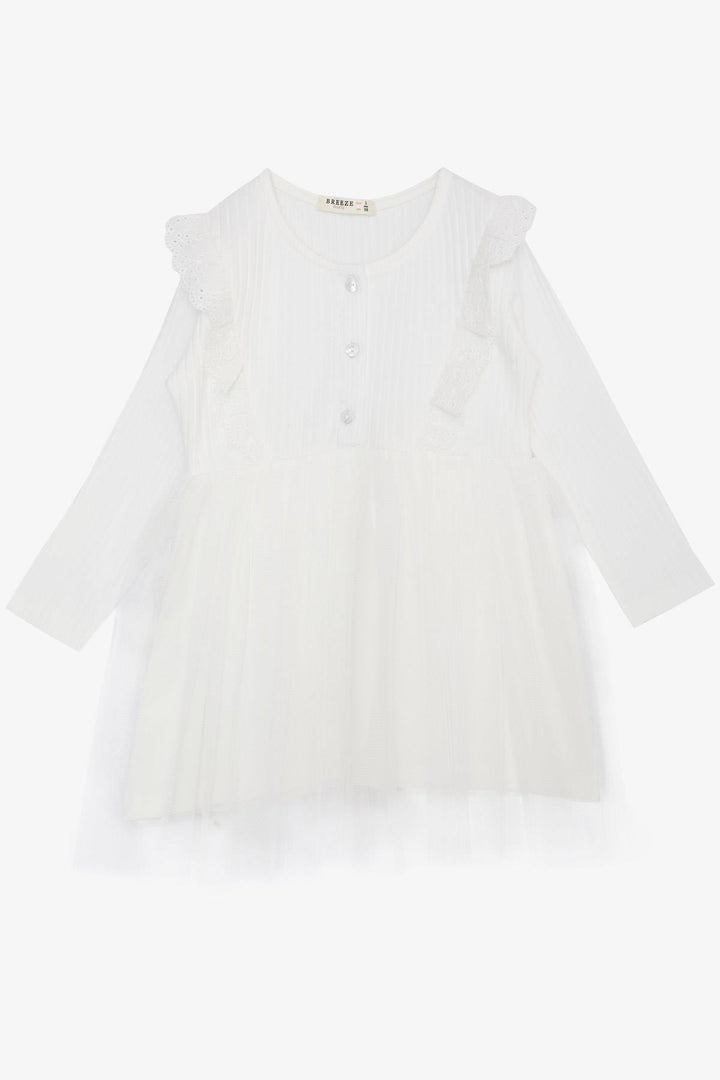 BRE Breeze Girl Child Long Sleeve Dress with Tulle Embroidery Buttoned 1.5-5 Years, Ecru - Neustadt