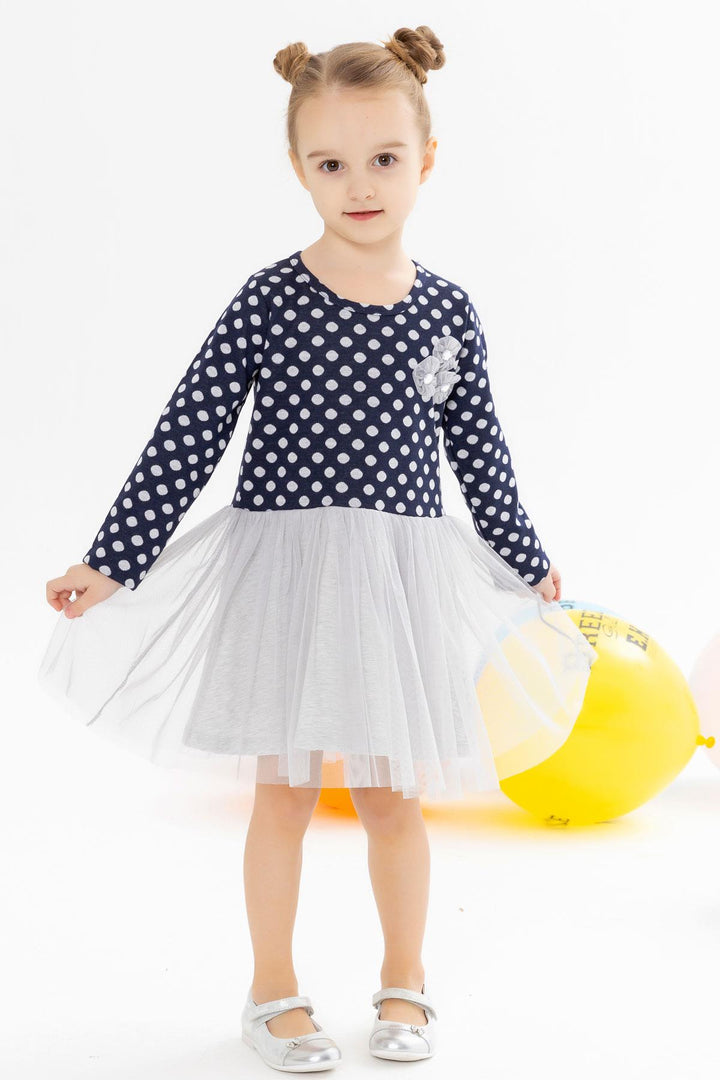 BRE Breeze Girl Child Long Sleeve Dress with Tulle Bow 1.5-5 Years, Navy Blue - Drancy