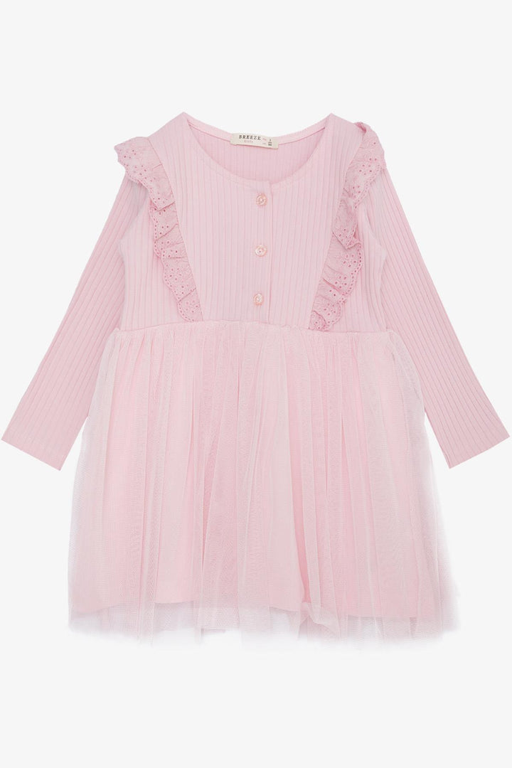 BRE Breeze Girl Child Long Sleeve Dress with Tulle Embroidery Buttoned 1.5-5 Years, Pink - Fitchburg