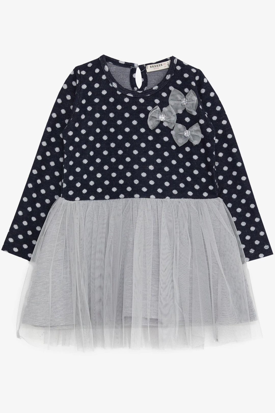BRE Breeze Girl Child Long Sleeve Dress with Tulle Bow 1.5-5 Years, Navy Blue - Drancy