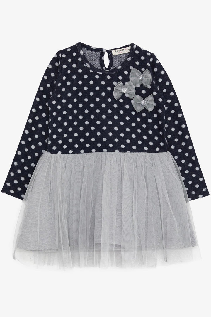 BRE Breeze Girl Child Long Sleeve Dress with Tulle Bow 1.5-5 Years, Navy Blue - Drancy