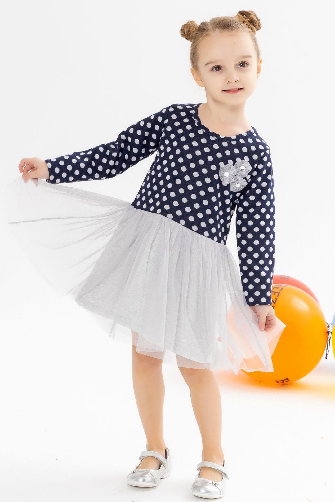 BRE Breeze Girl Child Long Sleeve Dress with Tulle Bow 1.5-5 Years, Navy Blue - Drancy