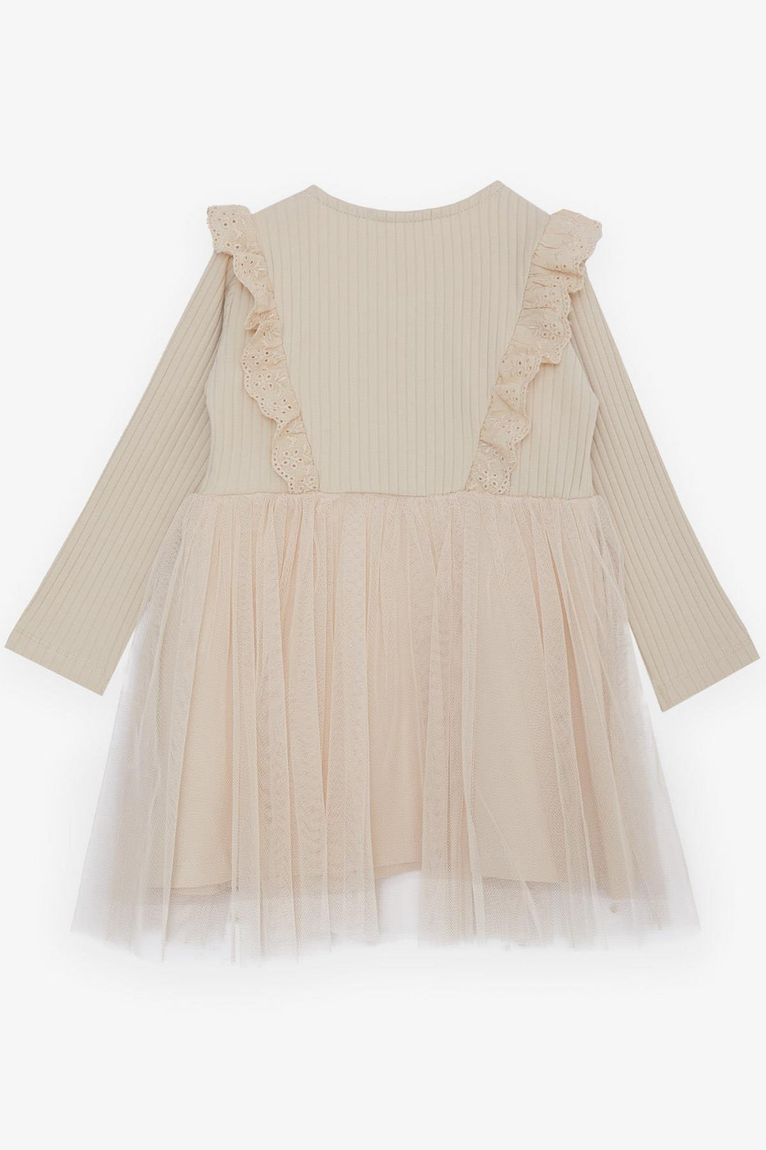 BRE Breeze Girl Child Long Sleeve Dress with Tulle Embroidery Buttoned 1.5-5 Years, Beige - Acapulco de Juárez