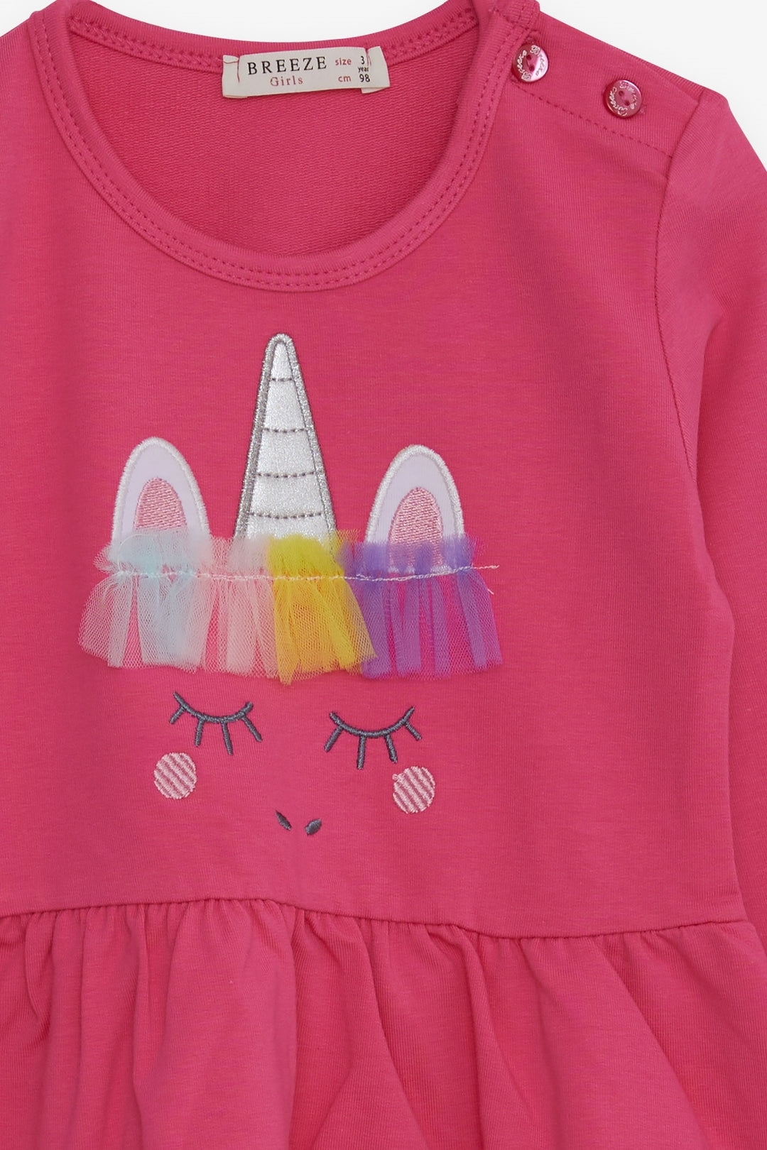 BRE Breeze Girl Child Long Sleeve Dress with Tulle Unicorn Embroidery 1.5-5 Years, Fuchsia - Rowlett