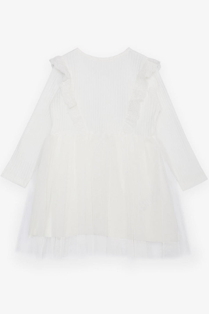 BRE Breeze Girl Child Long Sleeve Dress with Tulle Embroidery Buttoned 1.5-5 Years, Ecru - Neustadt