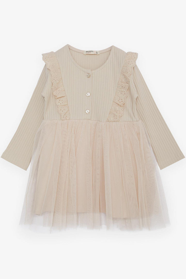 BRE Breeze Girl Child Long Sleeve Dress with Tulle Embroidery Buttoned 1.5-5 Years, Beige - Acapulco de Juárez