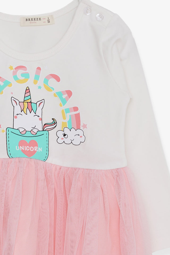 BRE Breeze Girl Child Long Sleeve Dress Unicorn Printed 1.5-5 Years, Ecru - Exmouth
