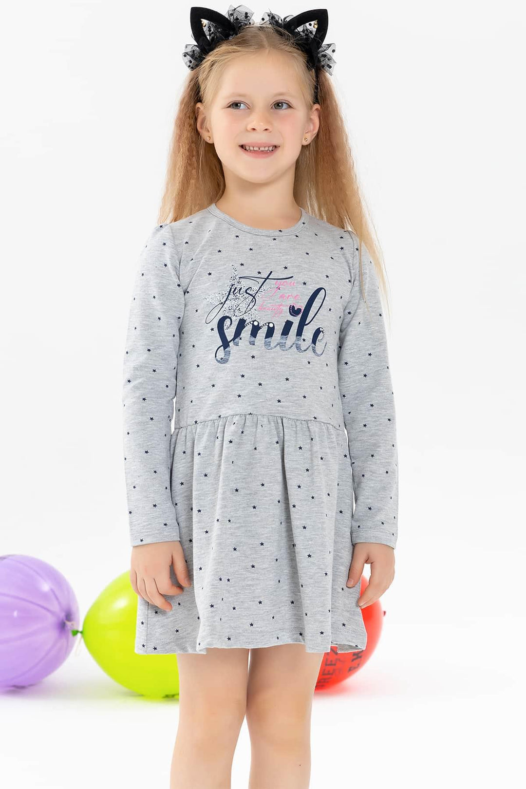 BRE Breeze Girl Child Long Sleeve Dress Star Printed Summer 3-7 Years, Grey Melange - Simferopol