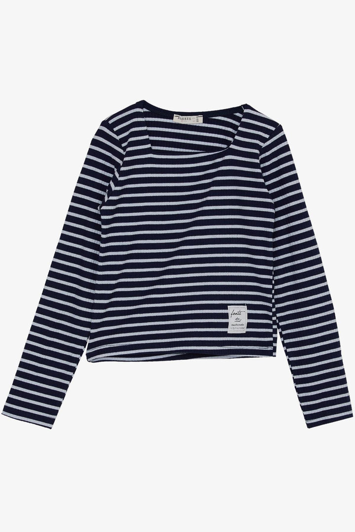 BRE Breeze Girl's Long Sleeve Striped Square Neck T-Shirt 106 Years, Navy Blue - Etterbeek