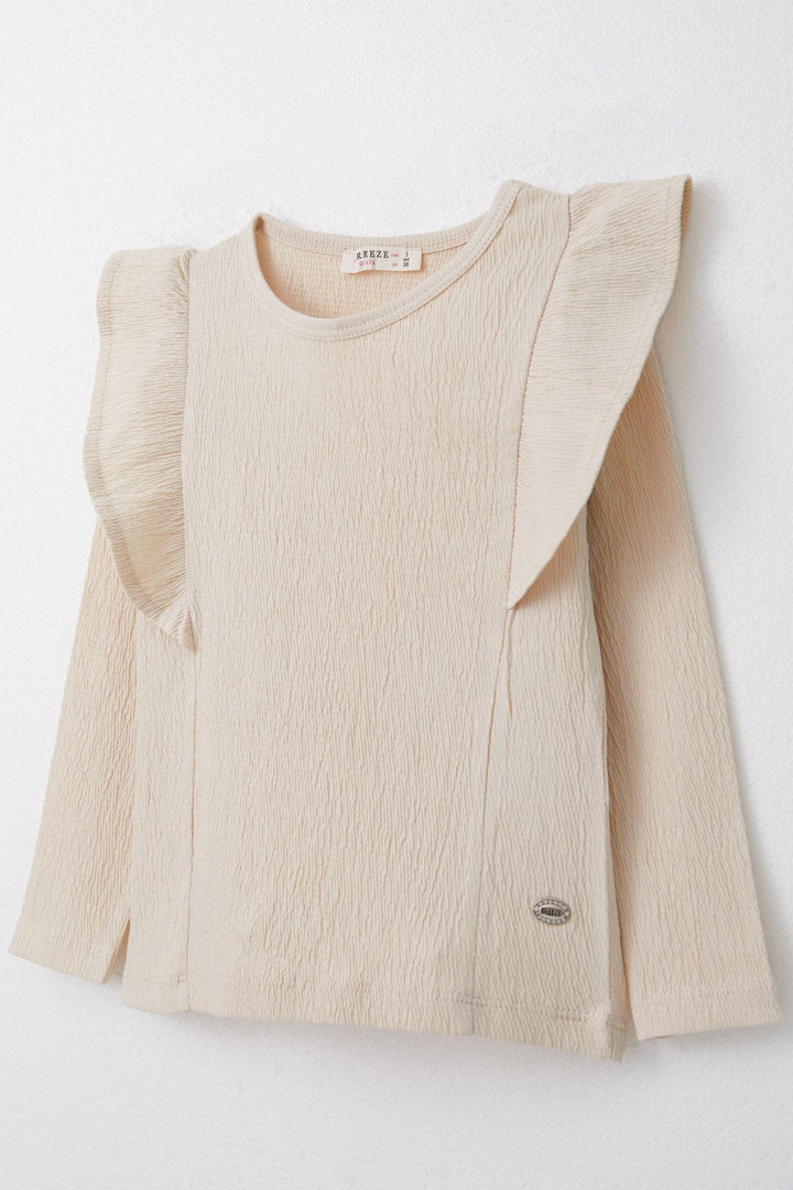BRE Breeze Girl Child Long Sleeve T-Shirt with Frills and Armalı, Beige, 3-7 Years - Colonie