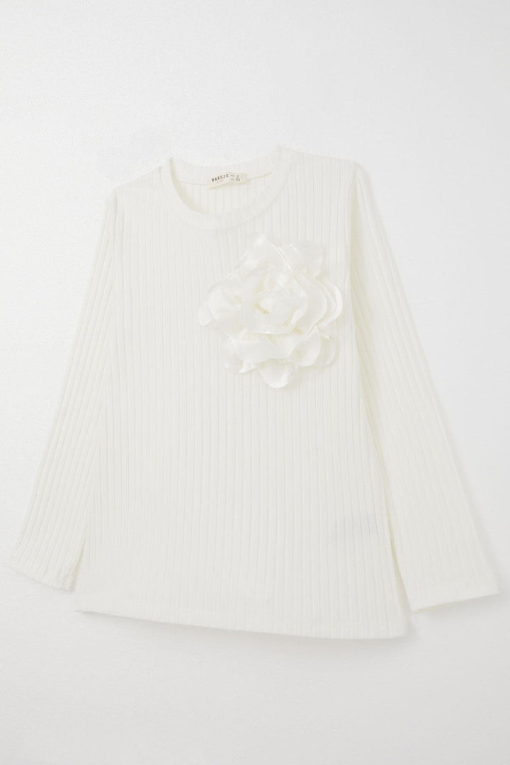 BRE Breeze Girl Child Long Sleeve T-Shirt with Rose Accessory, 84 Years, Ecru - Albuquerque