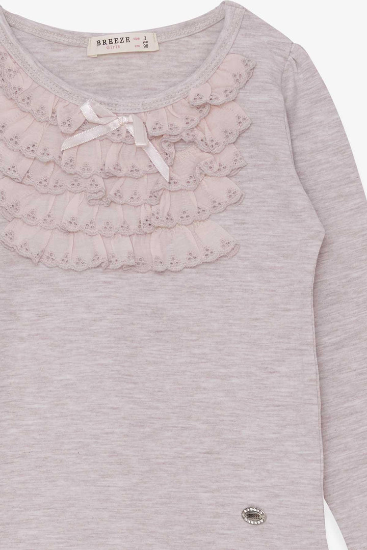 BRE Breeze Girl Child Long Sleeve T-Shirt with Lace Bow 3-8 Years, Beige Melange - Perth