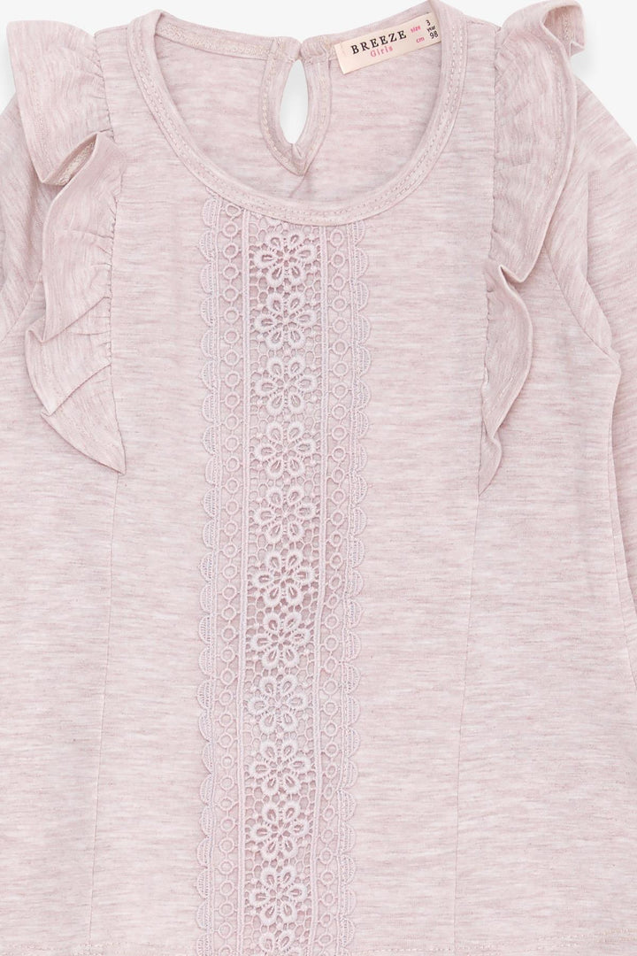BRE Breeze Girl Child Long Sleeve T-Shirt with Lace Frills, 3-8 Years, Beige Melange - Wallasey