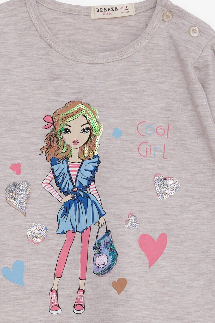 BRE Breeze Girl Child Long Sleeve T-Shirt Cool Girl Printed 1.5-5 Years, Beige Melange - Temoaya