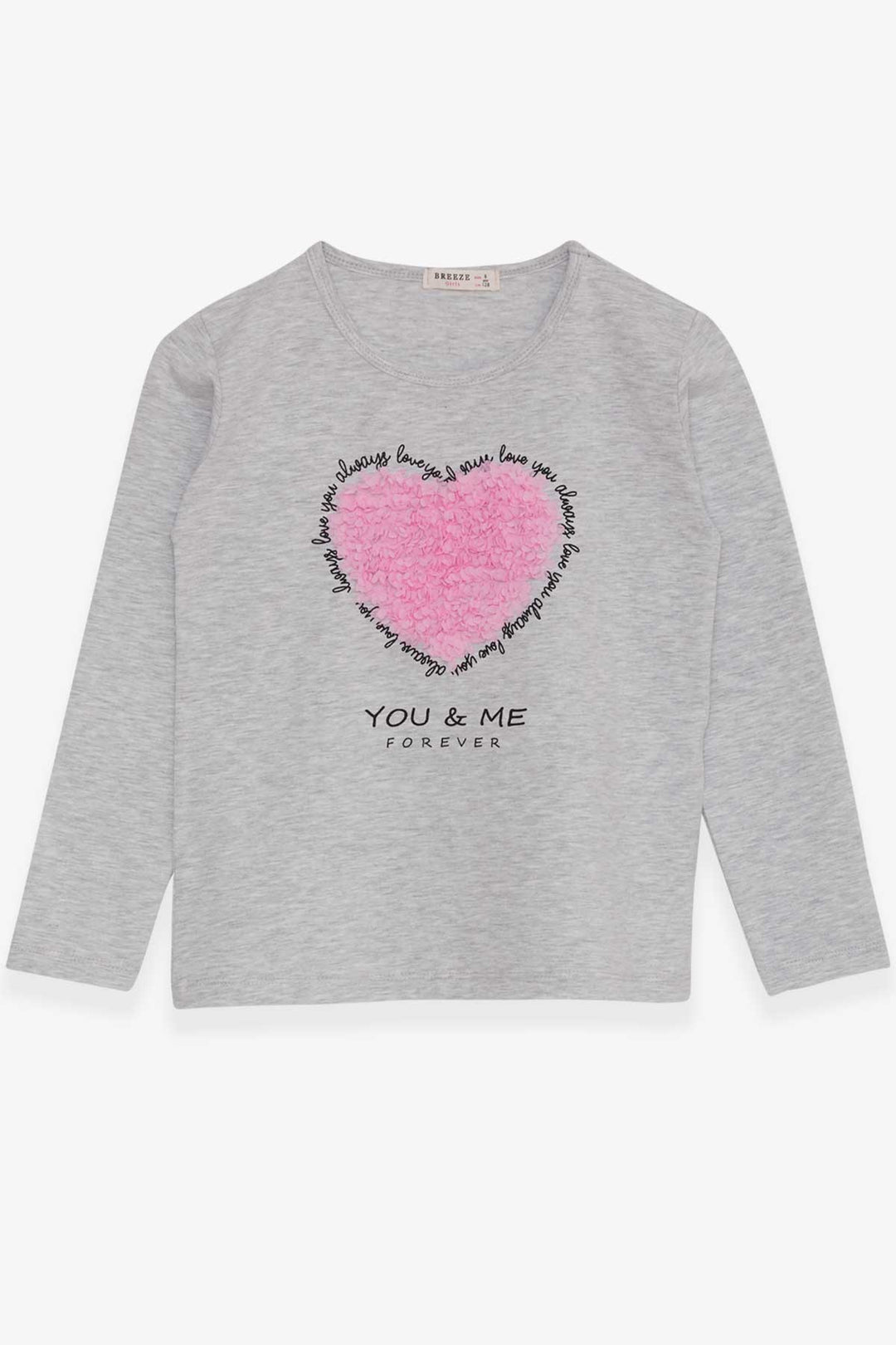 BRE Breeze Girl Child Long Sleeve T-Shirt with Heart Embroidery 82 Years, Light Grey Melange - Sunrise