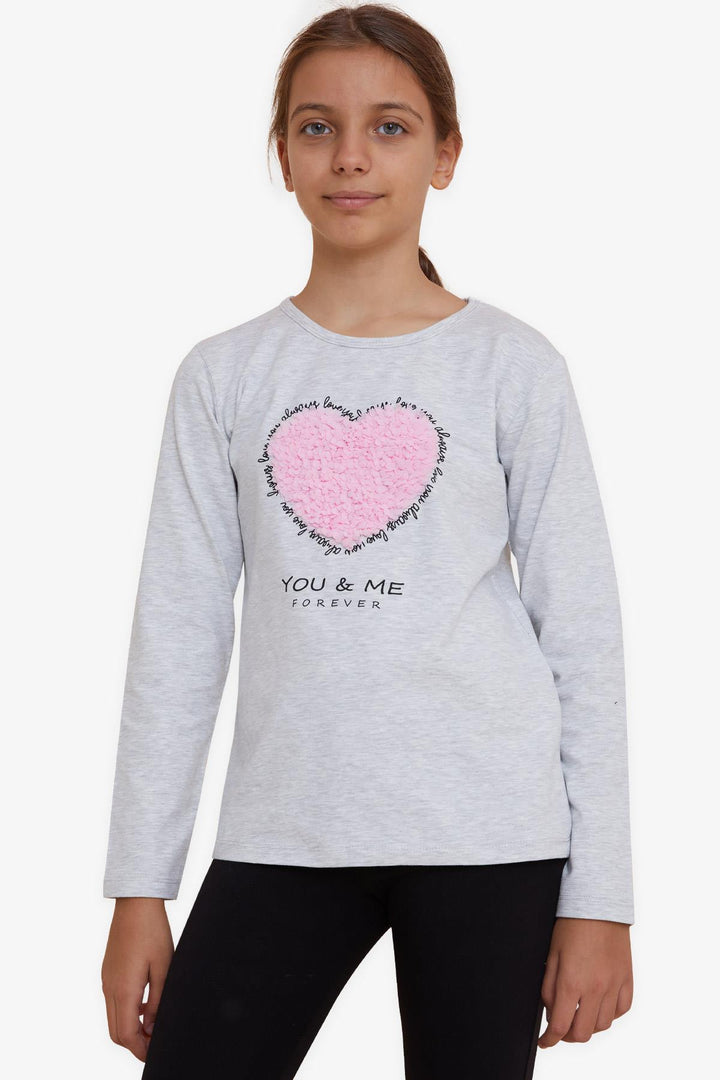 BRE Breeze Girl Child Long Sleeve T-Shirt with Heart Embroidery 82 Years, Light Grey Melange - Sunrise