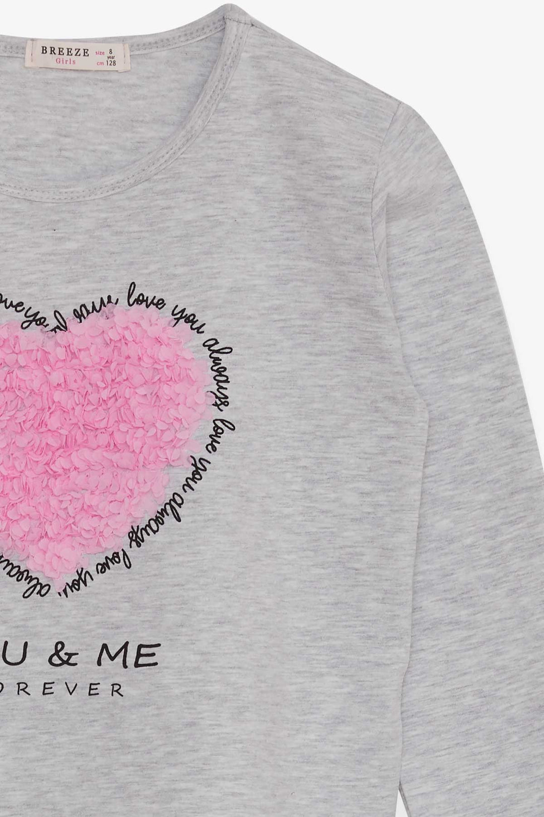 BRE Breeze Girl Child Long Sleeve T-Shirt with Heart Embroidery 82 Years, Light Grey Melange - Sunrise