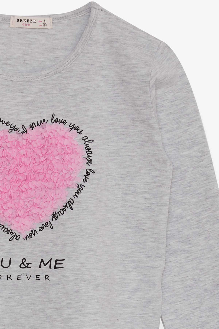 BRE Breeze Girl Child Long Sleeve T-Shirt with Heart Embroidery 82 Years, Light Grey Melange - Sunrise