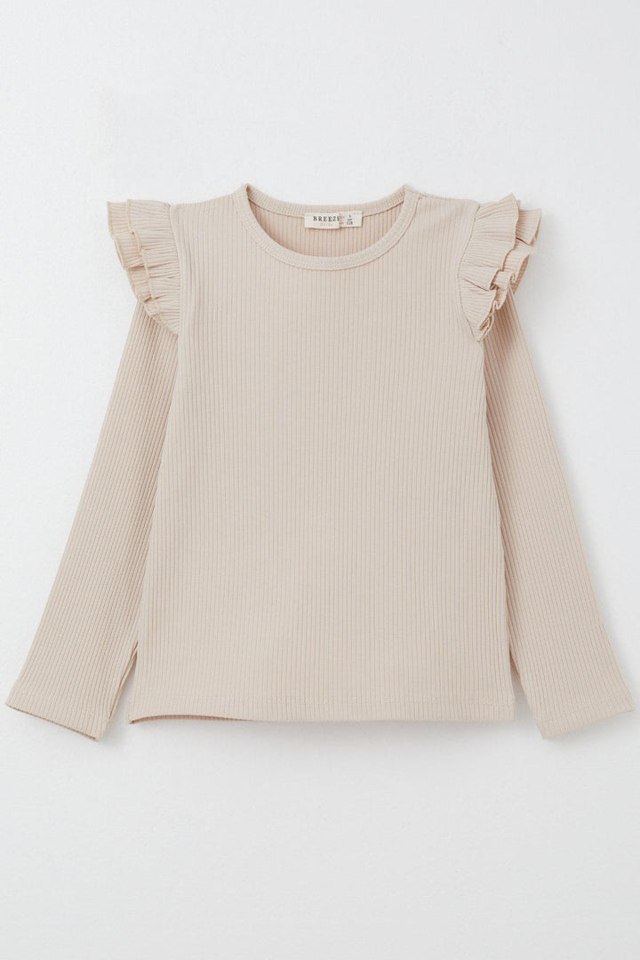 BRE Breeze Girl Child Long Sleeve T-Shirt with Frilled Shoulders 50 Years, Beige - Leith