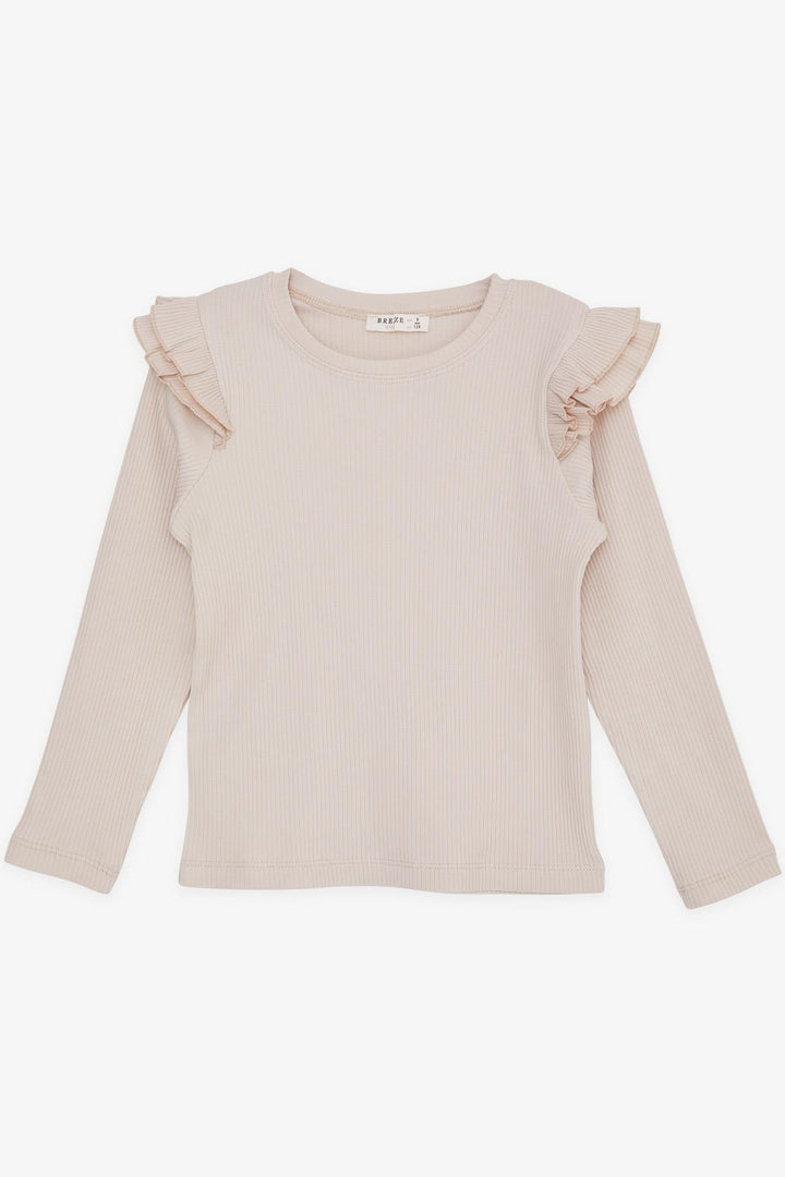 BRE Breeze Girl Child Long Sleeve T-Shirt with Ruffled Shoulders, 50 Years, Beige - Tienen