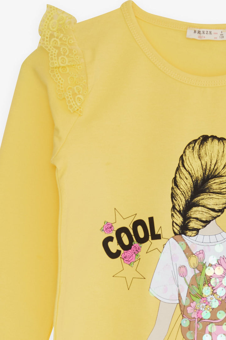 BRE Breeze Girl Child Long Sleeve T-Shirt with Lace Shoulder 4-9 Years, Yellow - Grand Junction