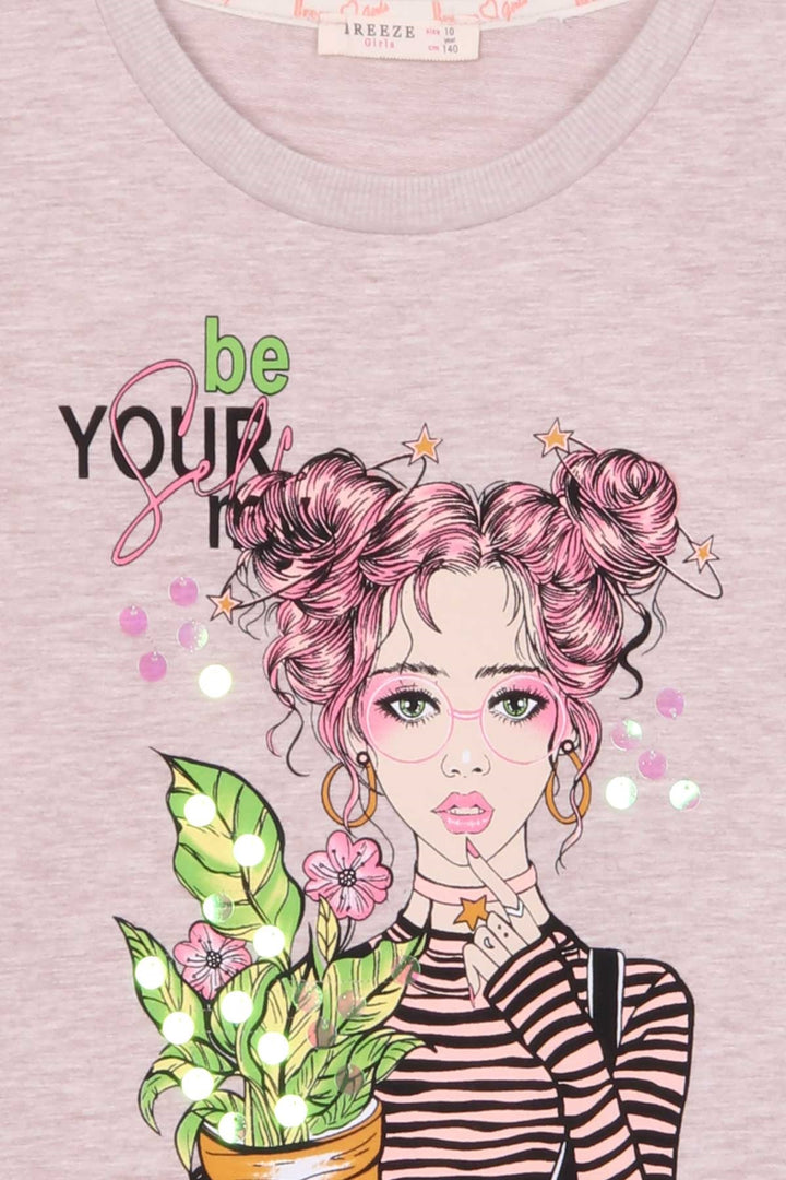 BRE Breeze Girl Child Long Sleeve T-Shirt Portrait Girl Printed 104 Years, Beige Melange - Worcester