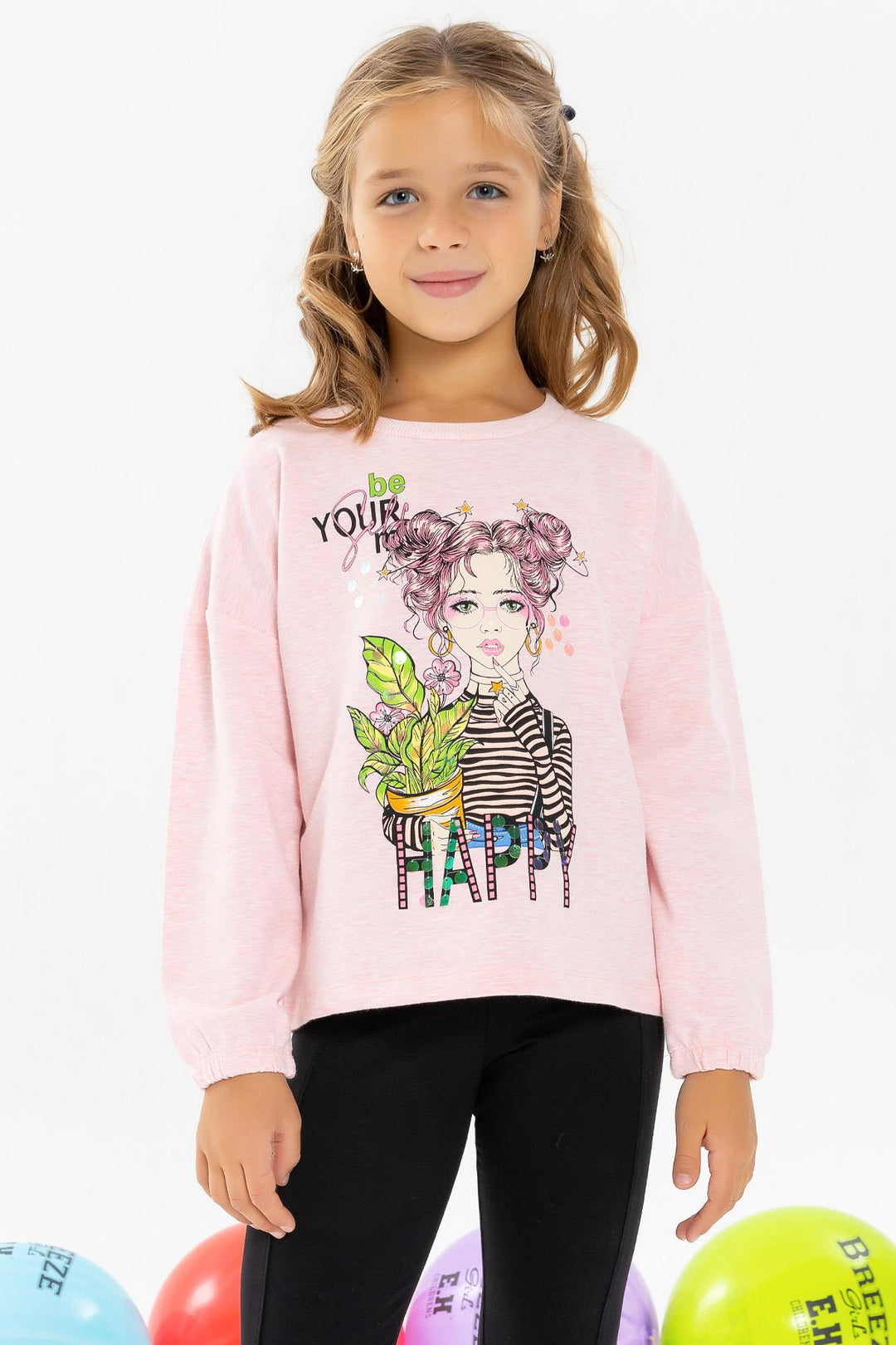 BRE Breeze Girl Child Long Sleeve T-Shirt Portrait Girl Printed 104 Years, Salmon Melange - Kehl