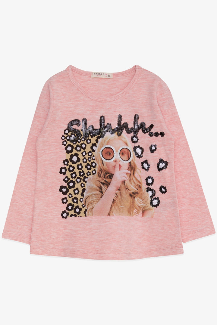 BRE Breeze Girl Child Long Sleeve T-Shirt Sequined Girl Printed 3-8 Years, Salmon Melange - La Mirada