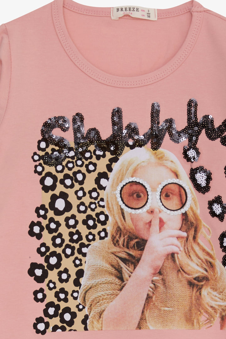 BRE Breeze Girl Child Long Sleeve T-Shirt Sequined Girl Printed 3-8 Years, Salmon - Roquetas de Mar