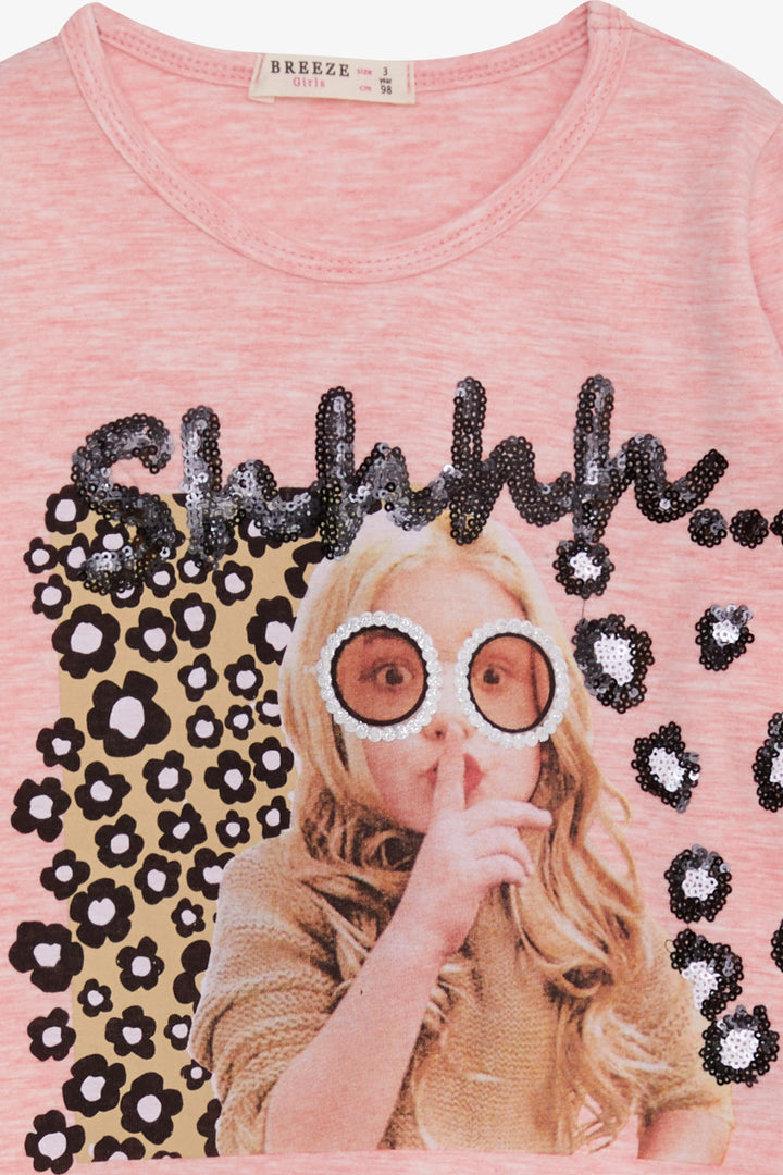 BRE Breeze Girl Child Long Sleeve T-Shirt Sequined Girl Printed 3-8 Years, Salmon Melange - La Mirada