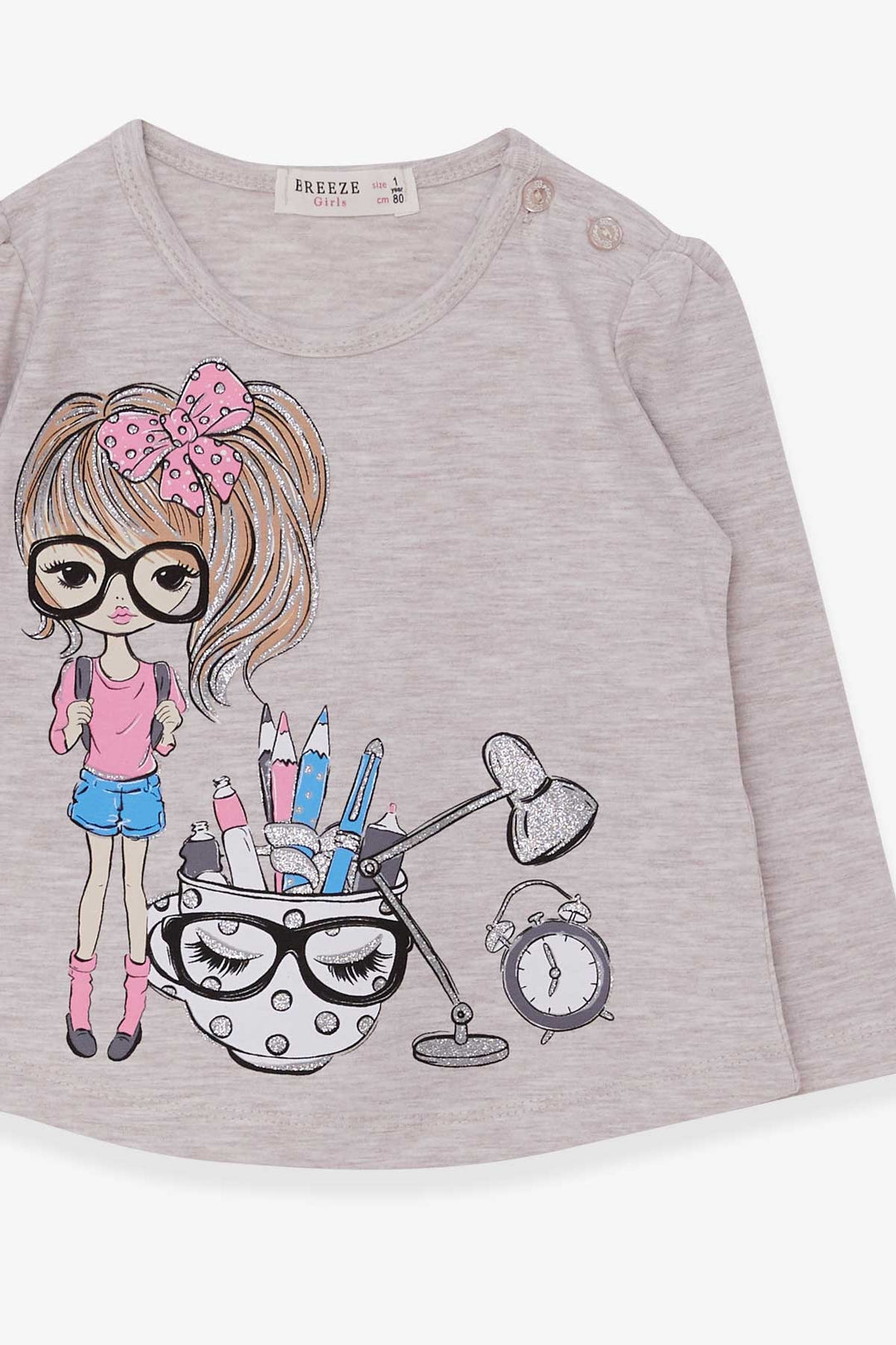 BRE Breeze Girl Child Long Sleeve T-Shirt with Painter Girl Print, 1-4 Years, Beige Melange - Ciudad de Melilla