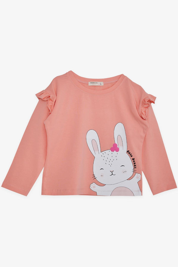BRE Breeze Girl Child Long Sleeve T-Shirt Cute Bunny Printed Shoulder Ruffled 1-4 Years, Salmon - Oshkosh