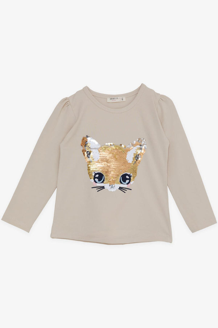 BRE Breeze Girl Child Long Sleeve T-Shirt Cute Kitty Animated Embroidered 3-8 Years, Beige - Union
