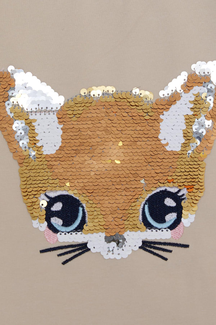 BRE Breeze Girl Child Long Sleeve T-Shirt Cute Kitty Animated Embroidered 3-8 Years, Beige - Union